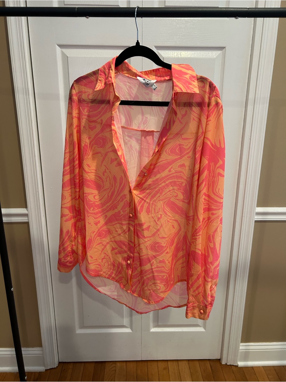 Princess Polly Sheer Marble-Print Button-Up Shirt - Pink & Orange